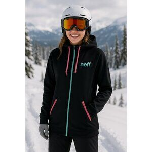 Neff Womens Daily Shredder Hoodie Black W/ Pink & Teal Zipper & Pockets L Polyes